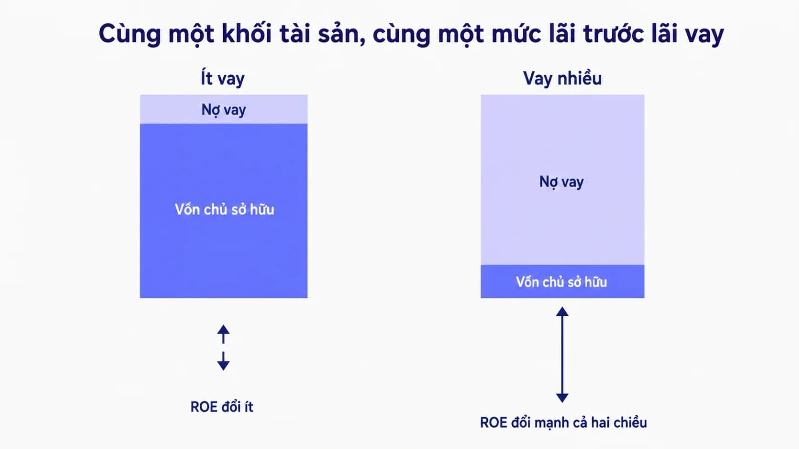 Sơ đồ hai cột đối xứng cho thấy cùng một mức biến động lợi nhuận tạo ra biến động ROE nhỏ ở doanh nghiệp ít vay và lớn ở doanh nghiệp vay nhiều