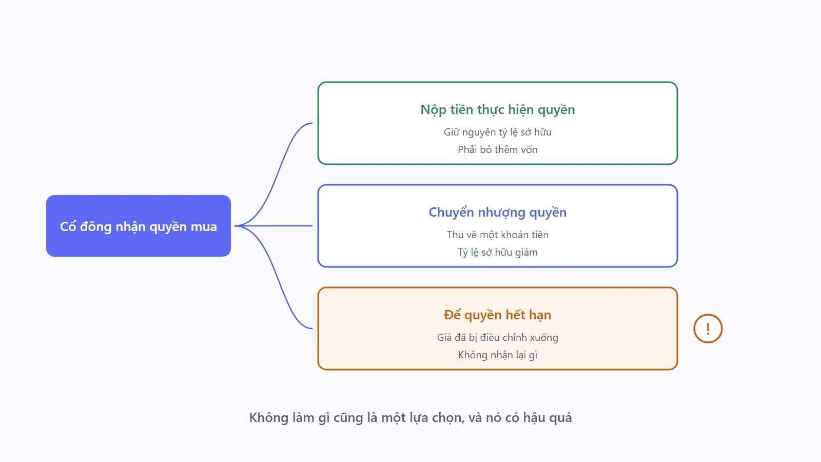 Sơ đồ ba nhánh từ một cổ đông nhận quyền mua: nộp tiền mua và giữ nguyên tỷ lệ, chuyển nhượng quyền và thu tiền về, hoặc để quyền hết hạn và mất cả hai