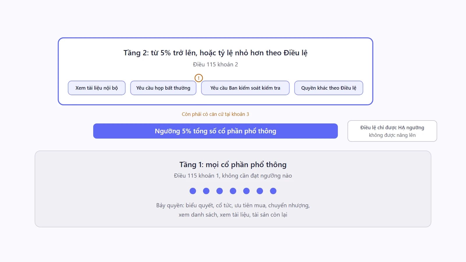 Sơ đồ hai tầng quyền cổ đông, tầng dưới gồm bảy quyền gắn với mọi cổ phần phổ thông và tầng trên gồm bốn quyền chủ động chỉ mở ra khi sở hữu từ 5 phần trăm tổng số cổ phần phổ thông trở lên