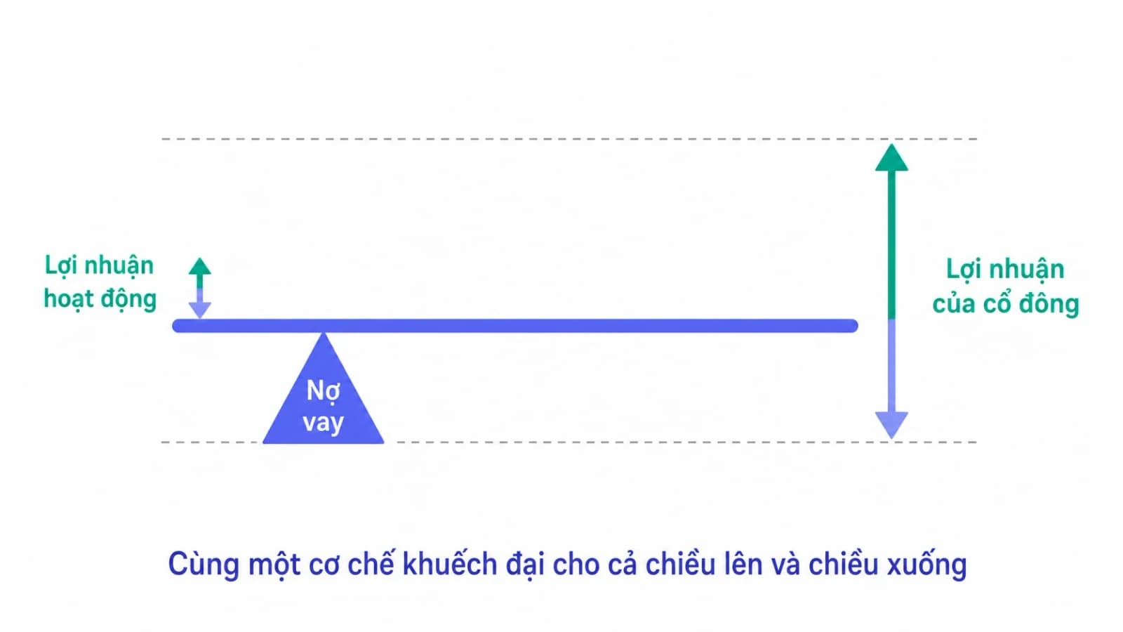 Sơ đồ đòn bẩy dạng cần bẩy, một dao động nhỏ của lợi nhuận hoạt động ở đầu ngắn tạo ra dao động lớn của lợi nhuận cổ đông ở đầu dài