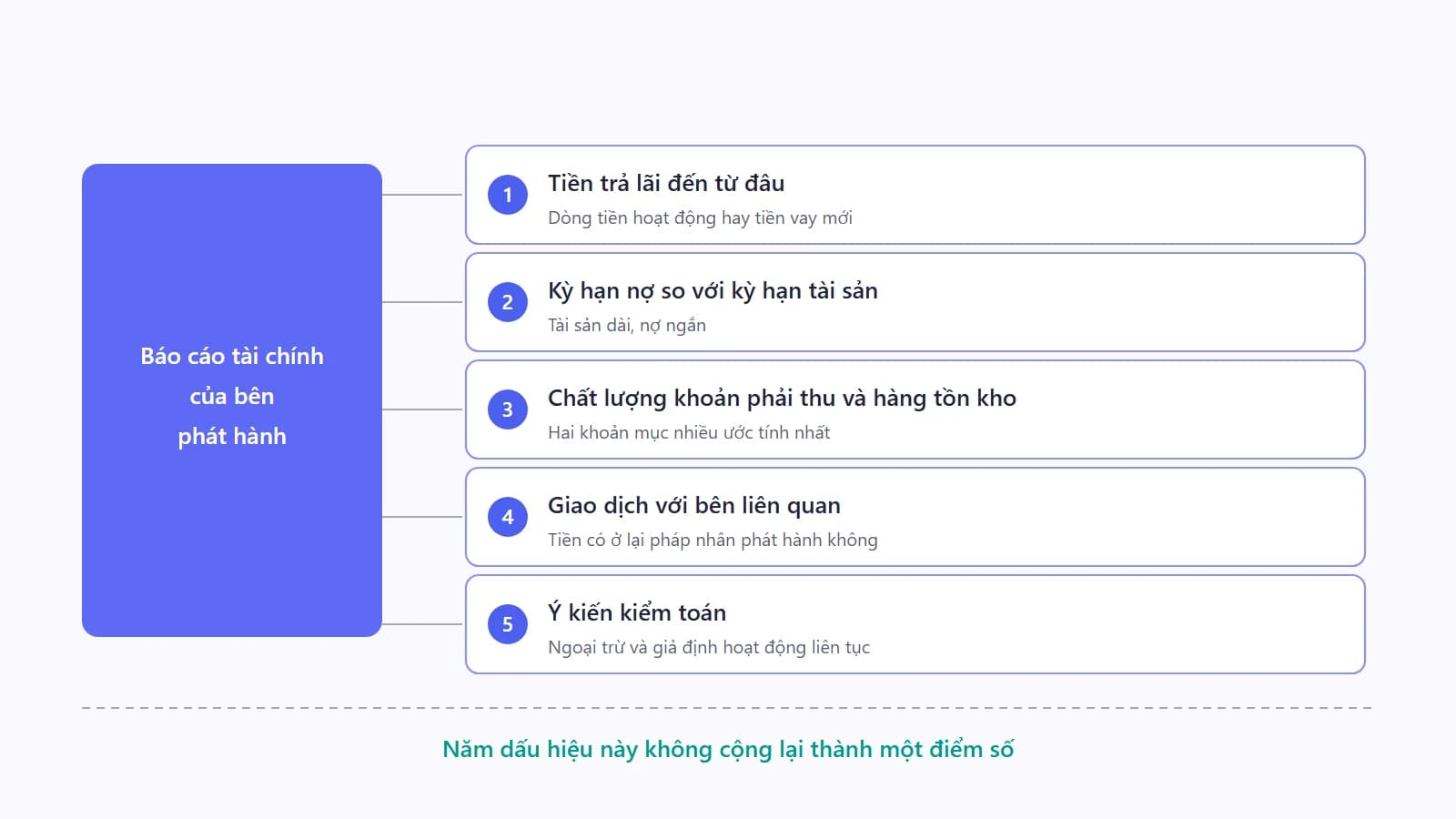 Năm nhóm dấu hiệu cảnh báo về khả năng trả nợ xếp thành một danh sách dọc gồm nguồn tiền trả lãi, kỳ hạn nợ so với kỳ hạn tài sản, chất lượng khoản phải thu và hàng tồn kho, giao dịch với bên liên quan, và ý kiến kiểm toán