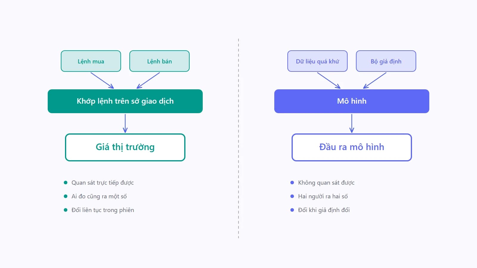 Sơ đồ hai nhánh: nhánh trái đi từ sổ lệnh mua bán qua bước khớp lệnh ra ô Giá thị trường, nhánh phải đi từ dữ liệu quá khứ và bộ giả định qua ô mô hình ra ô Đầu ra mô hình