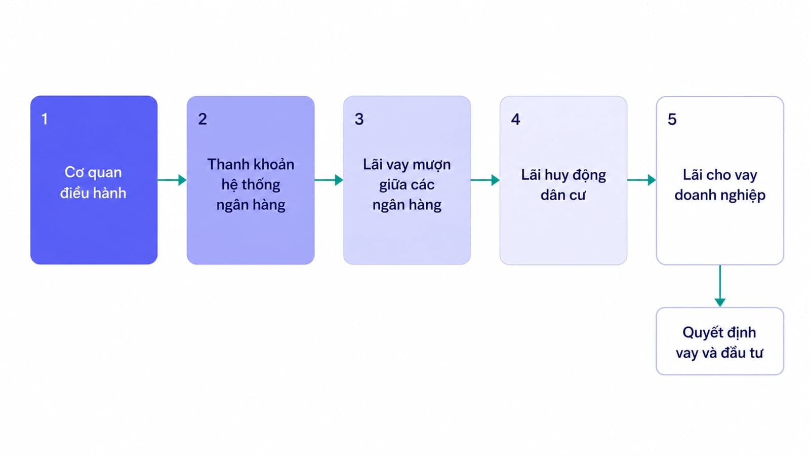 Sơ đồ năm khối nối tiếp nhau theo hàng ngang, từ cơ quan điều hành tới thanh khoản hệ thống, lãi vay mượn giữa các ngân hàng, lãi huy động dân cư, lãi cho vay và cuối cùng là quyết định vay của doanh nghiệp