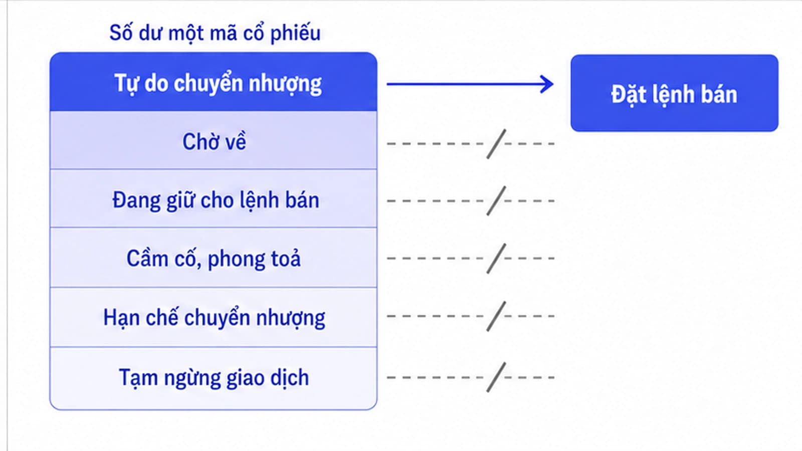 Sơ đồ một cột số dư cổ phiếu được tách thành nhiều lớp chồng lên nhau theo trạng thái, chỉ lớp tự do chuyển nhượng có mũi tên nối sang ô đặt lệnh bán, các lớp còn lại bị chặn