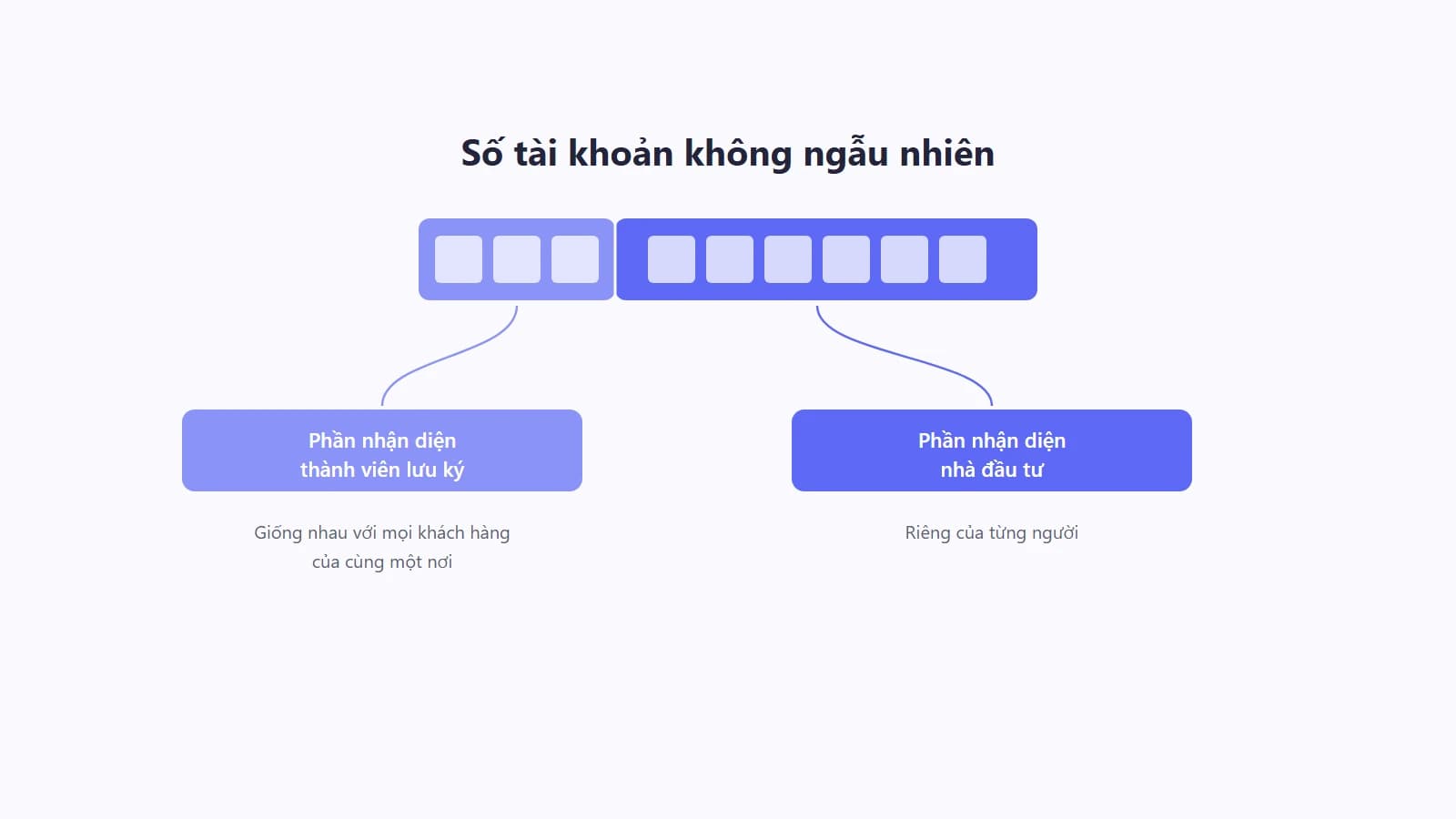 Sơ đồ tách một số tài khoản chứng khoán thành hai phần, phần đầu nhận diện thành viên lưu ký nơi mở tài khoản và phần sau nhận diện từng nhà đầu tư trong hệ thống của thành viên đó